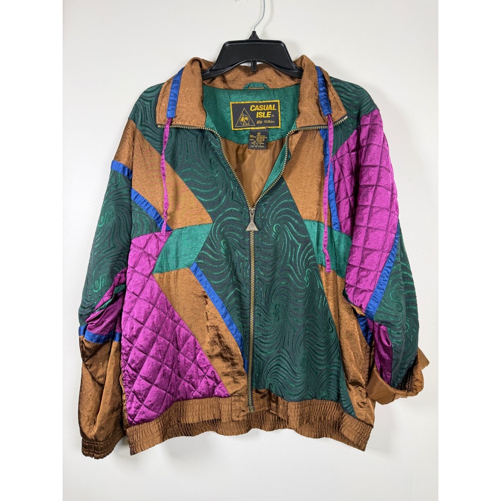 Vintage 90s Casual Isle Bomber Jacket Womens Medium Mardi Gras NOLA Patchwork